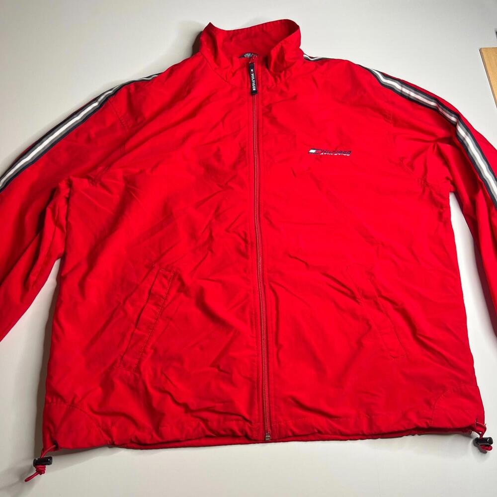 Tommy Hilfiger Jacket XL Red Full Zip Windbreaker Racing Stripe Logo Vintage 90s